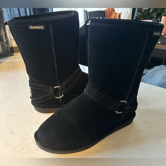 BearPaw Adele Women's Black Suede Winter Boots with Braided Strap & Buckle - Picture 1 of 9